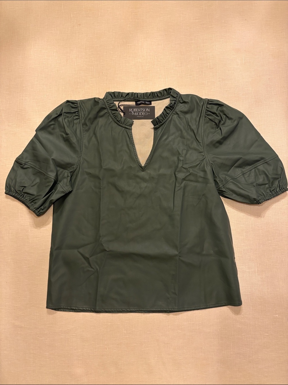 Robertson & Rodeo Olive faux leather Puff-Sleeve Top